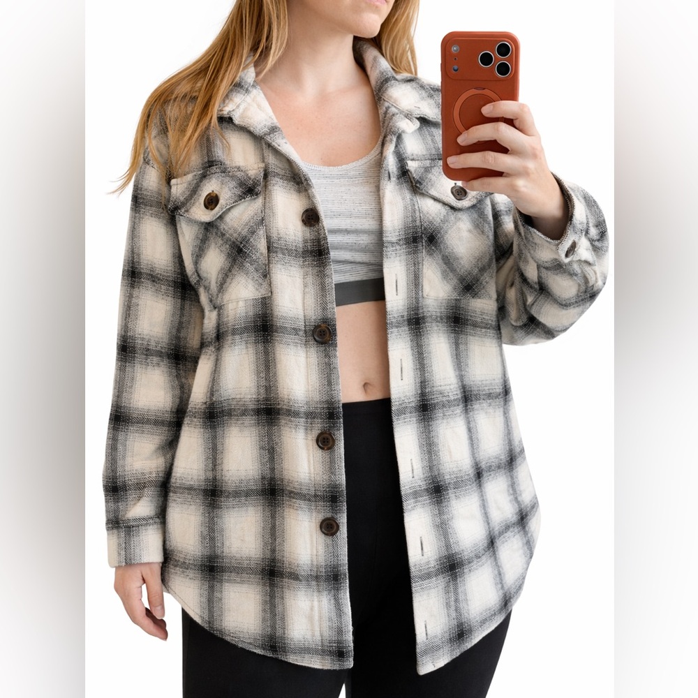 Black and White Plaid Button-Up Shacket with Chest Pockets